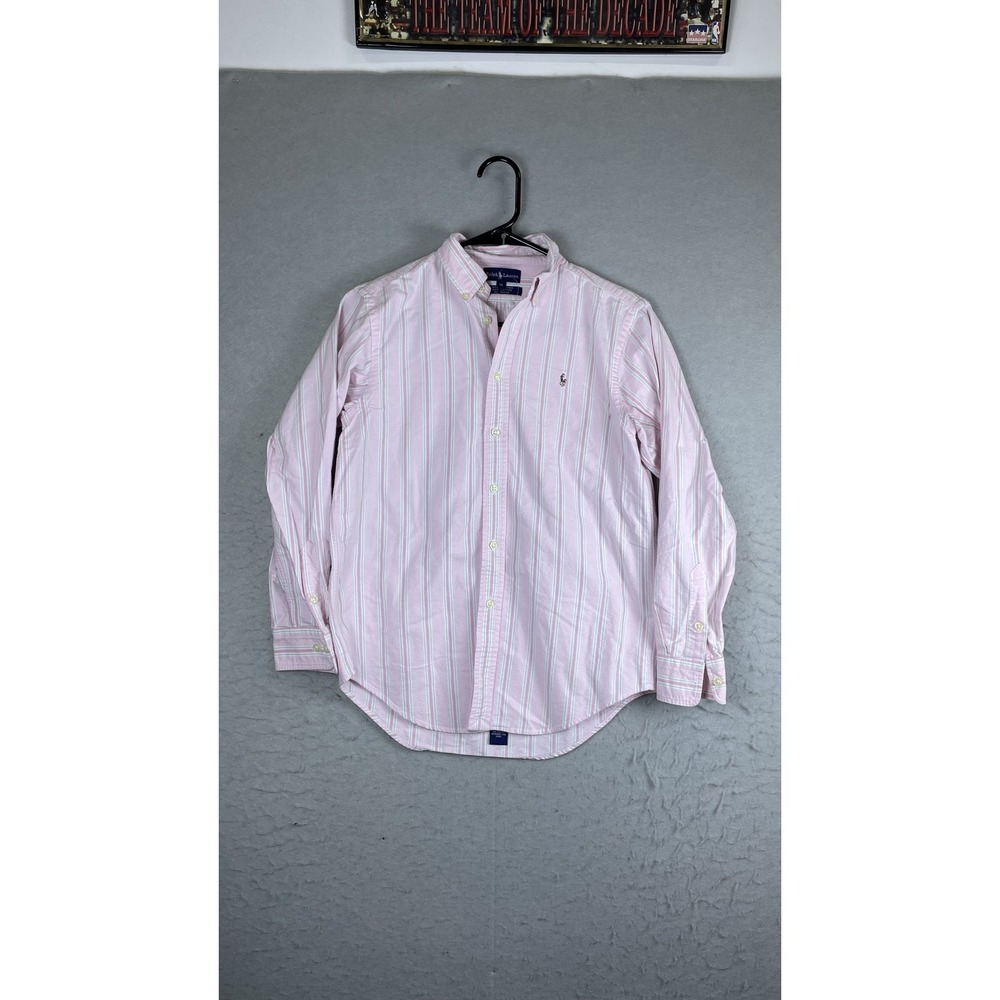 Ralph Lauren Shirt Youth 14 Pink Stripe Long Sleeve Button Down‎ Top Pony Logo